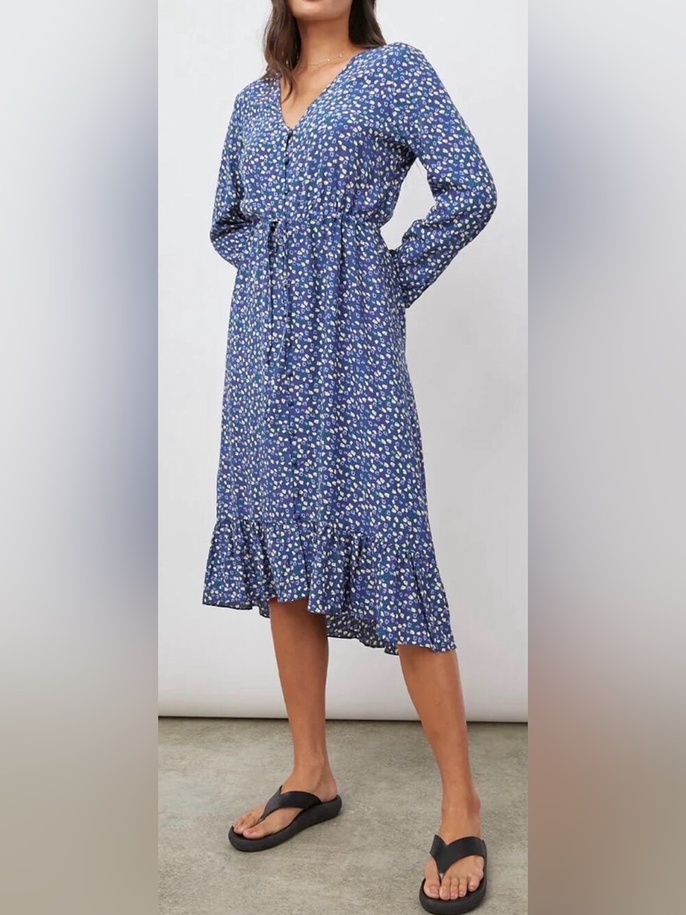 Rails Midi Dress Jade Navy Blue Ditsy Floral Long Sleeve Ruffle Hem size Small